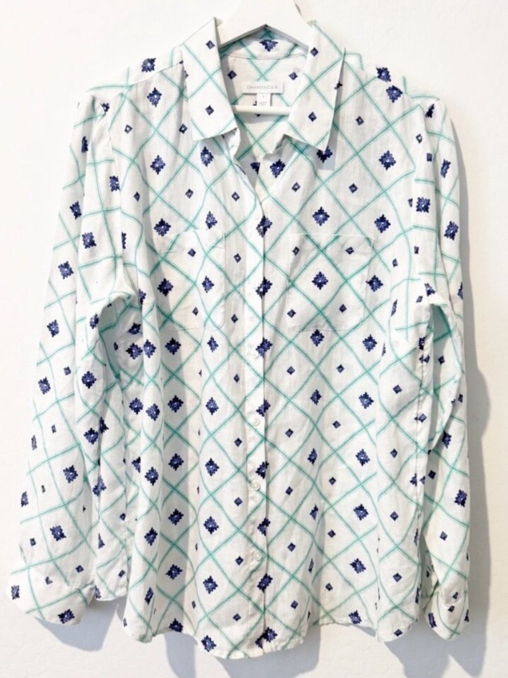 Charter Club Shirt Size Large Blue Floral Linen Blend Rhinestone Coastal Grandma